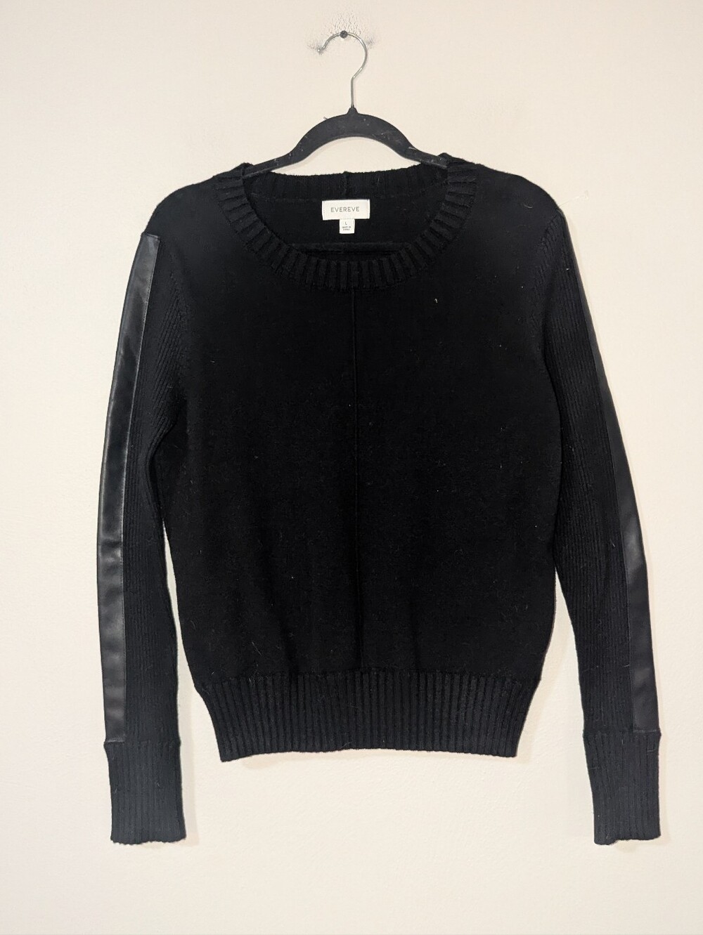 L Evereve Black Sweater w/ Faux Leather Trim